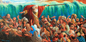 Moses guides the Israelites across the Red Sea as the waters split.