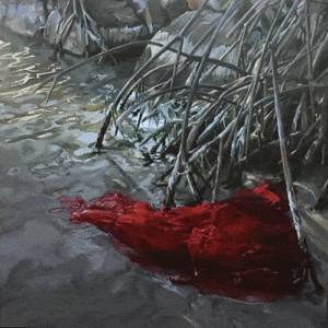 painting of red dress floating in water next to reeds
