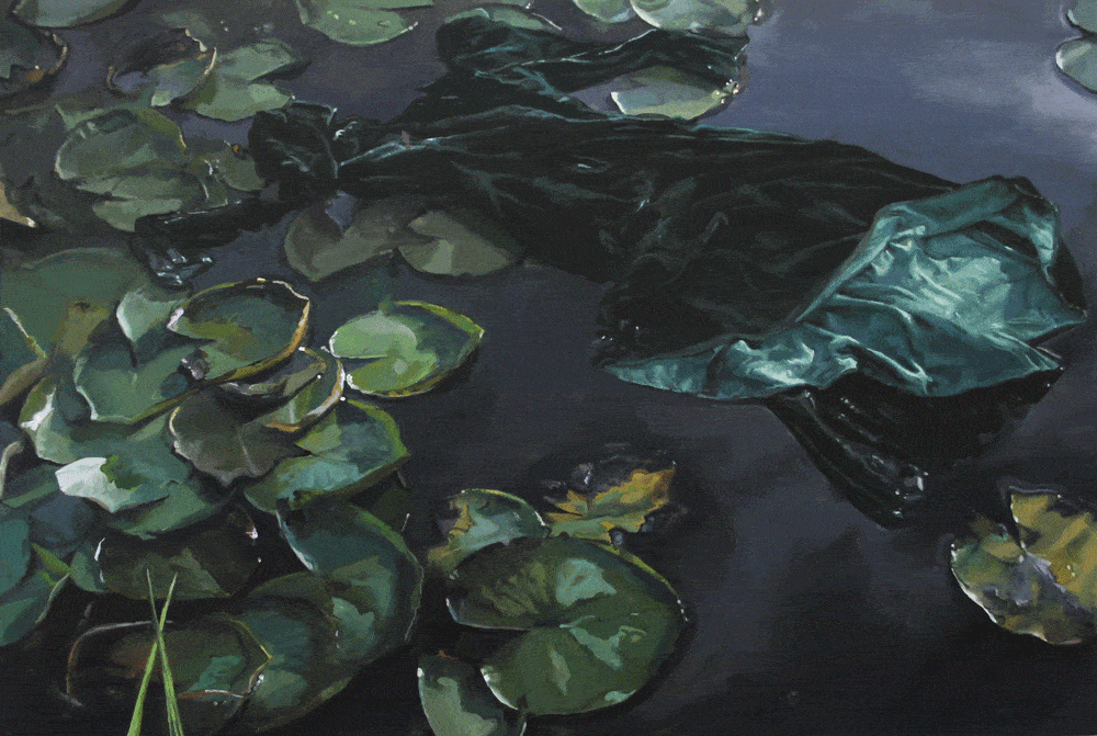 painting of green dress in water with lily pads