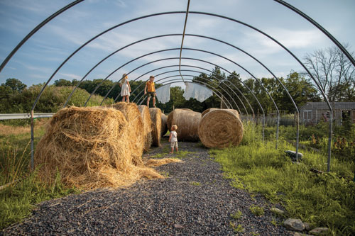 three kids jumping on hay bales